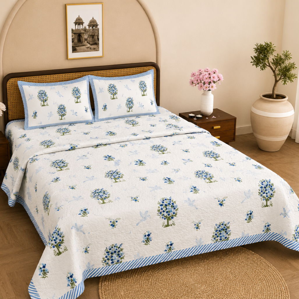 Cotton Bed Sheet Set - Blue Floral Print - View 2