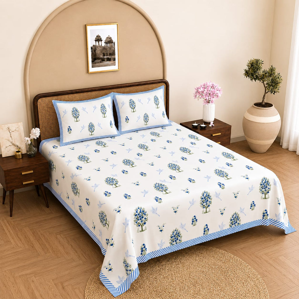 Cotton Bed Sheet Set - Blue Floral Print - View 1