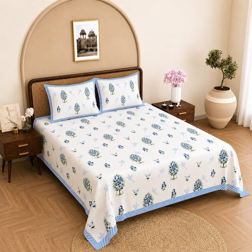 Cotton Bed Sheet Set - Blue Floral Print - View 1
