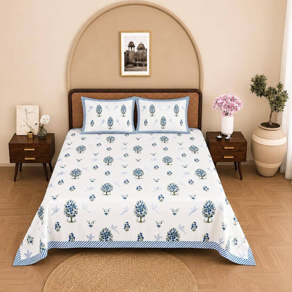 Cotton Bed Sheet Set - Blue Floral Print - View 3