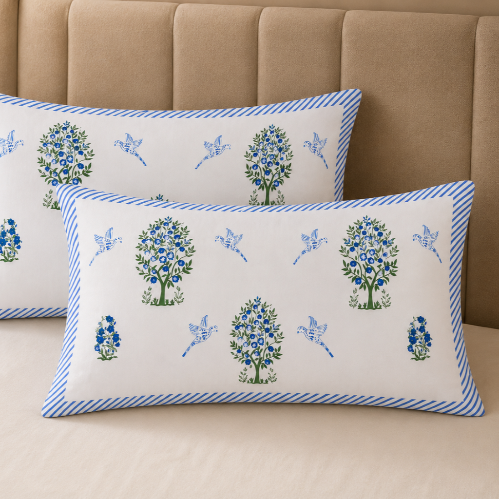 Cotton Bed Sheet Set - Blue Floral Print - View 4